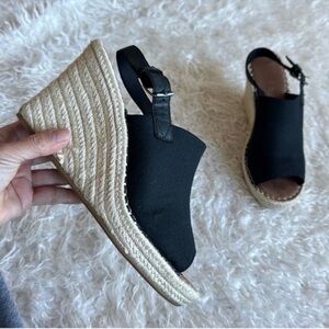TOMS Monica Espadrille Canvas Wedge Heel Sandals/Shoes Sz 9 Black Tan